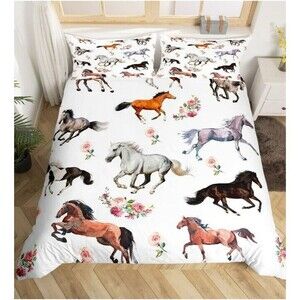 Horses Duvet Cover Set Full,Floral Plant Bedding Set 3pcs 80"x90"